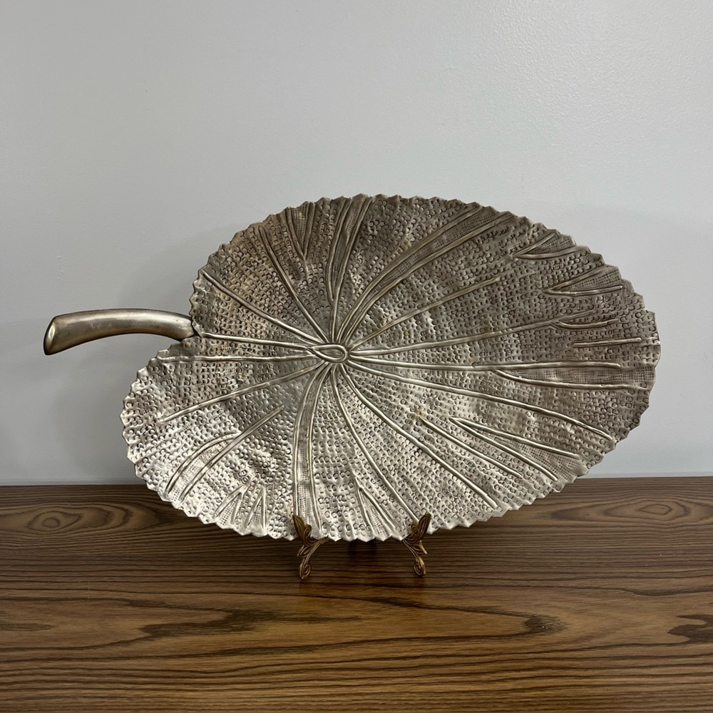 1950s Art Deco Ball Feet Hammered Silver Plate Lotus Leaf Platter Vintage Brass